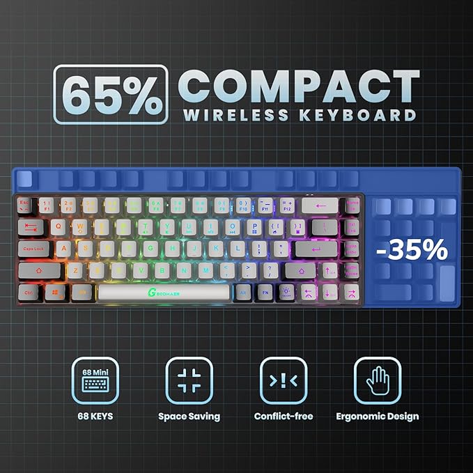 65% Wireless Gaming Keyboard, Rechargeable, LED Backlit, Plug-and-Play, Ultra-Compact Anti-ghosting No-Conflict Keyboard for PC Laptop Windows (Grey-Black)