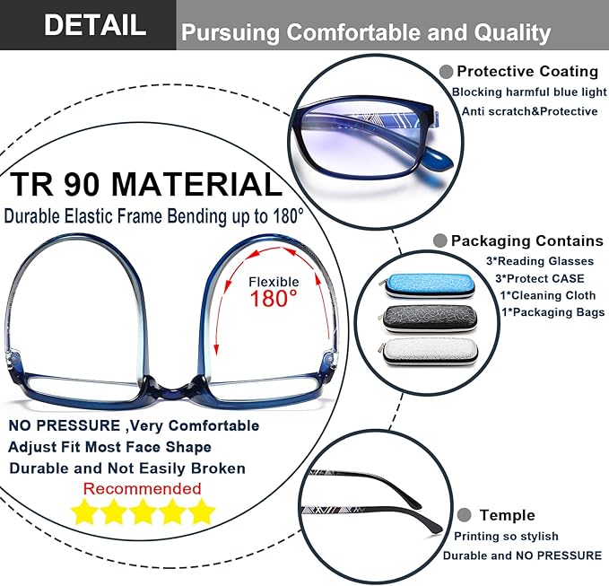 EYEURL Reading Glasses for Women-Blue Light Blocking For Men Women-3 Pack Computer Readers 1.0 Spring Hinge Anti UV Ray/Eye Strain/Glare Eyeglasses