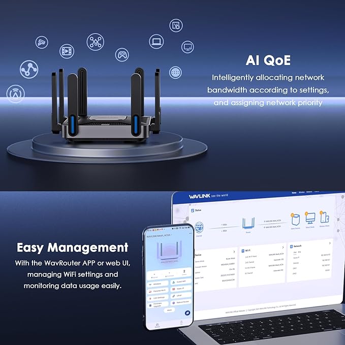WAVLINK AX6000 Wi-Fi 6 Router Dual Band, 2.5 Gbps WAN/LAN Port, Covers up to 2,150 Sq. ft and 256 Devices, 8x5dBi Antennas, AI QoE, WPA3 & VPN Security for Home/Office, MU-MIMO, Beamforming