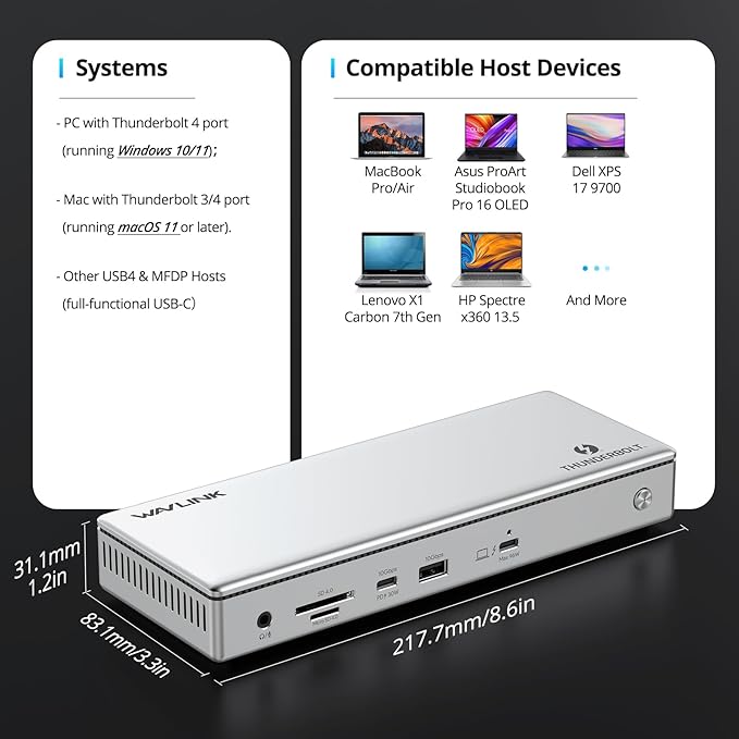 WAVLINK Thunderbolt 4 Hub with Dual HDMI 4K@60Hz,100W Charging, Thunderbolt Certified, 13-in-1 Thunderbolt 4 Dock Dual Monitor Single 8K Output for Windows or Mac, 4X USB, 2.5G Ethernet,SD/MicroSD