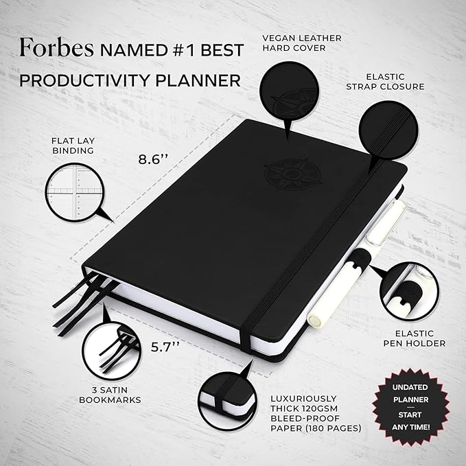 Smart Planner Pro – Undated Daily Planner – Small A5 – Achieve Goals & Increase Productivity – Weekly, Monthly, Work Sections, Organizer Diary with Back Pocket, 3 Satin Bookmarks & Pen Holder
