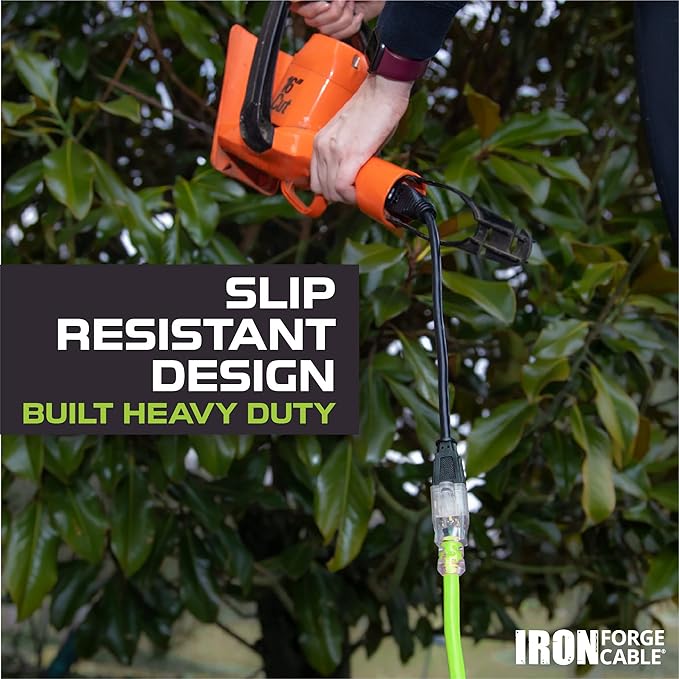 Iron Forge Cable Weatherproof 50 Ft Outdoor Extension Cord - 12/3 SJTW 15 Amp Heavy Duty Light Green High Visibility Cable with 3 Prong - Lighted End