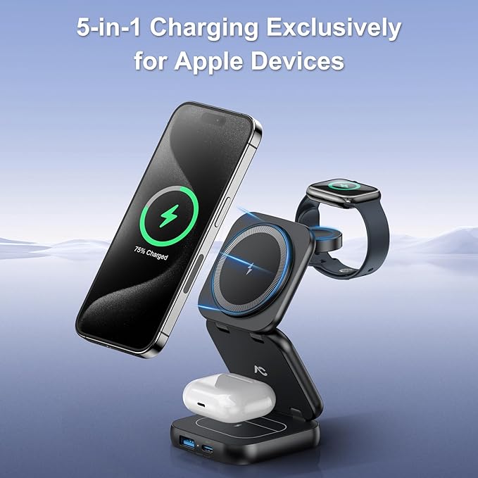 5-in-1 Wireless Charger for MagSafe, AC ISLAND Portable Travel Charging Station, 15W Max Fast Foldable Magnetic Stand, Evolved for iPhone 17/16/15/14/13 Series, Apple Watch, AirPods (with 35W Adapter)