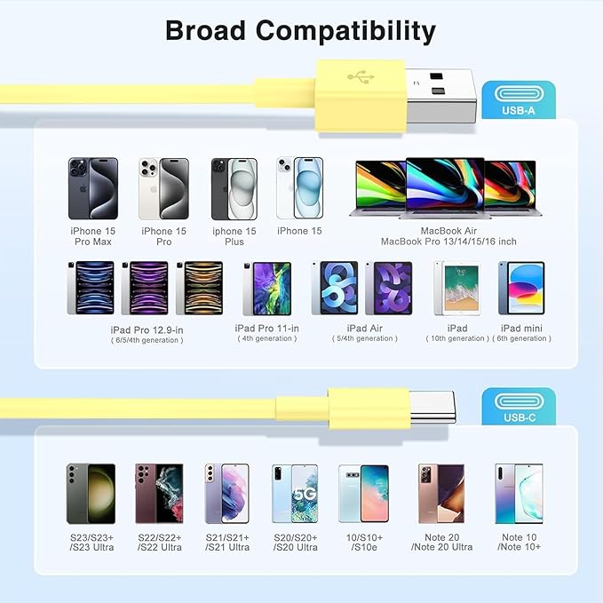 3-Pack Yellow [3.3FT+3.3FT+6FT] USB A to USB C Cable，USB to USB C Car Carplay Cable for iPhone Air 17 16e 16 15 Pro Plus Pro Max，for Galaxy S25, for iPad Pro/Air/mini, for MacBook Pro/Air and More