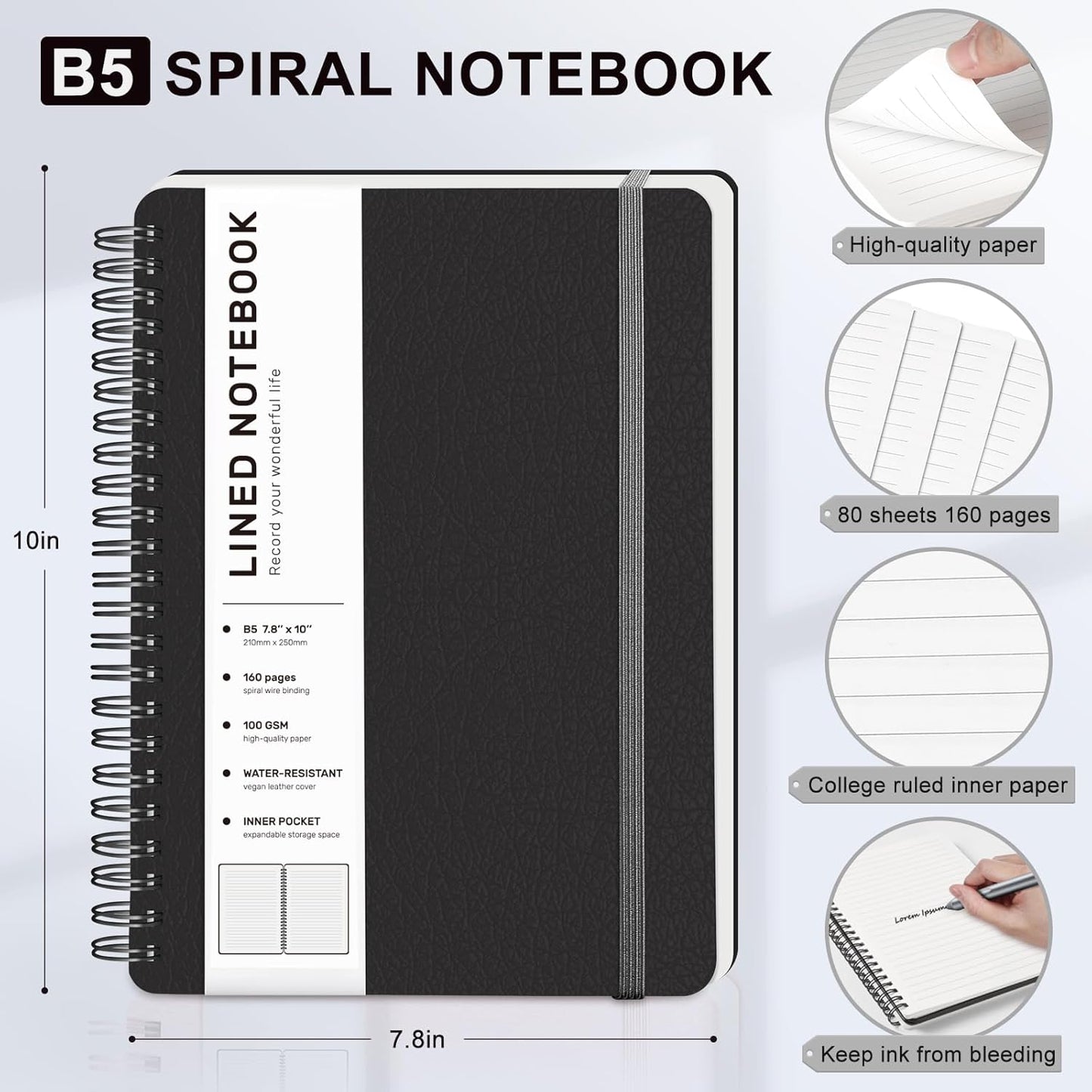 Lined Spiral Journal Notebook, B5 Hardcover Leather Notebook for Work, 7.8''×10'', 100GSM Thick Paper Spiral Bound Journaling Notebooks for Women & Men Office School Note Taking Business, Black