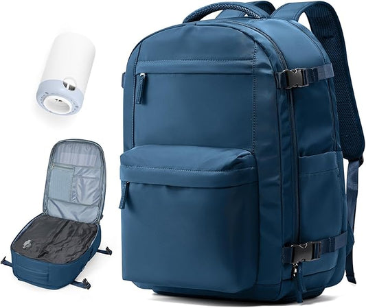 Vacuum Travel Backpack with Pump for Women,Personal Item Carry on Backpacks Flight Approved 18x14x8 inches for Men,Laptop Waterproof Work Compression bags Casual Daypack. Blue.