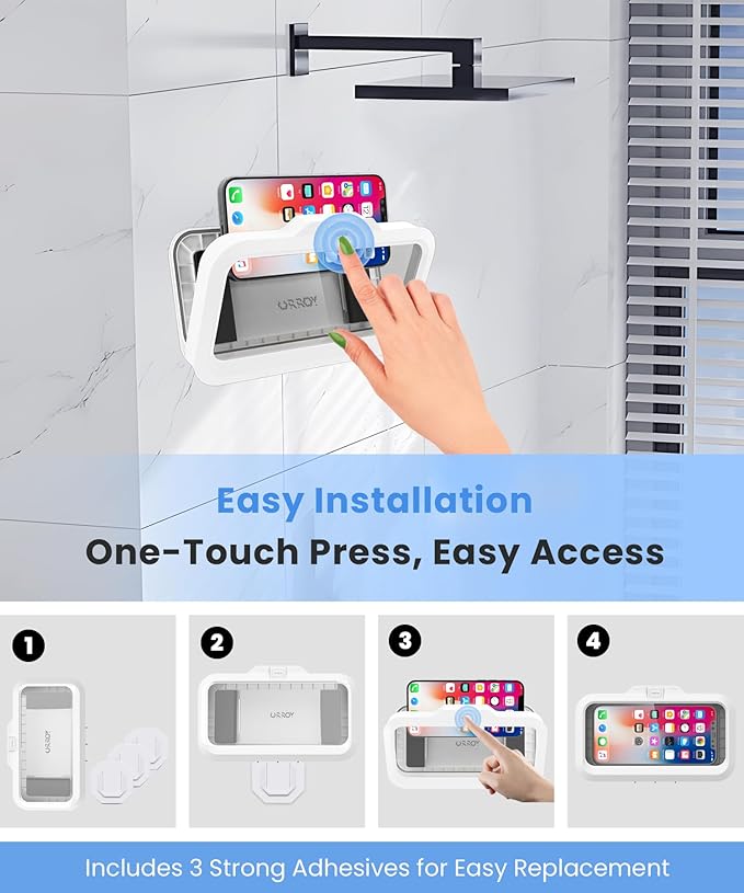 URROY Shower Phone Holder Waterproof One-Touch Open Shower Phone Case Anti-Fog & Sensitive Touchscreen Bathroom Wall Phone Mount Stand Universal Fit for iPhone & Smartphones Gift for Men Women White