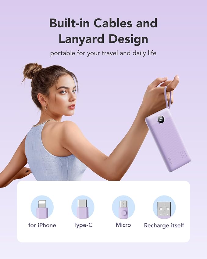 VRURC Portable Charger with Built in Cables 20000mAh, 22.5W Fast Charging USB C Power Bank,LED Display Charging Back with 4 Output 2 Input for iPhone 15/14/13/Pro, Samsung,Android-Purple (1 Pack)