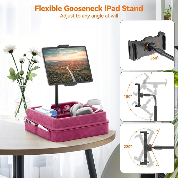 KDD Tablet Pillow Holder - 360°Adjustable iPad Pillow Stand for Lap, Bed and Desk - Gooseneck Tablet Soft Pad Dock with Storage Tray and Pocket Compatible with iPad Pro 12.9, Air Mini, Phone,(Purple)