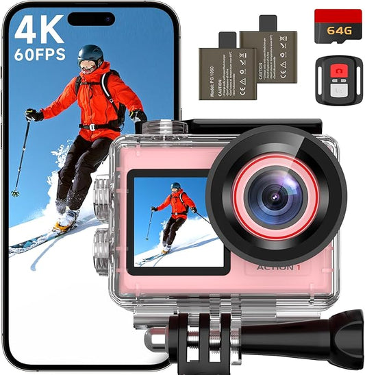 ODDV 4K60FPS 30MP Action Camera with Front LCD and Touch Rear Screens, Underwater Camera with 64GB Memory Card, 132FT Waterproof Camera, EIS, 5X Zoom, WiFi Remote Control（Pink）