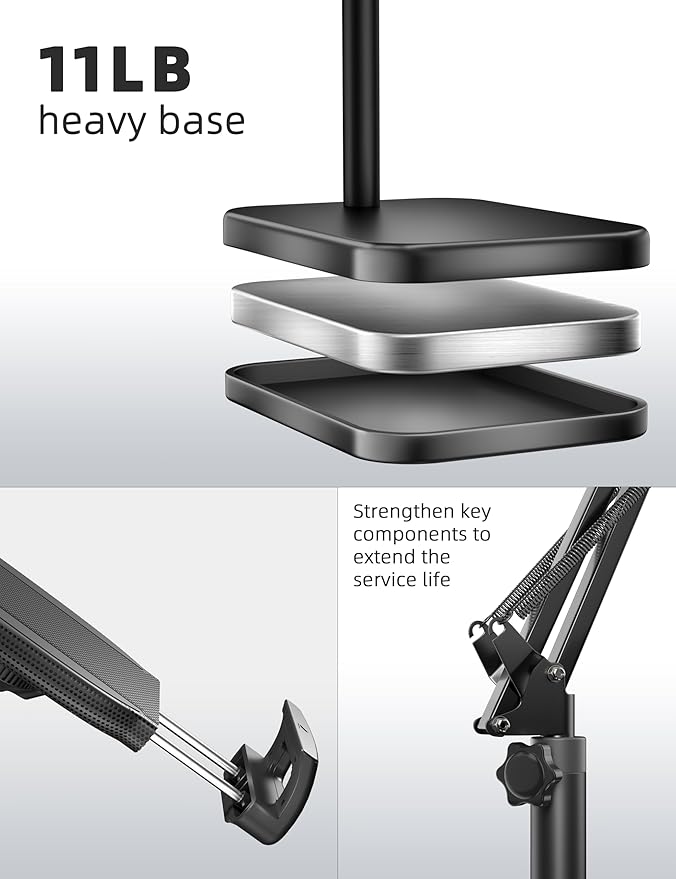 Tablet Floor Stand with 11lb Stable Base - Adjustable Height Stretchable Arm Swivel Holder Mount, Compatible with iPad Pro Air Mini 12.9/9.7, Kindle, Galaxy Tab, Cell Phones (4.7''-13'')