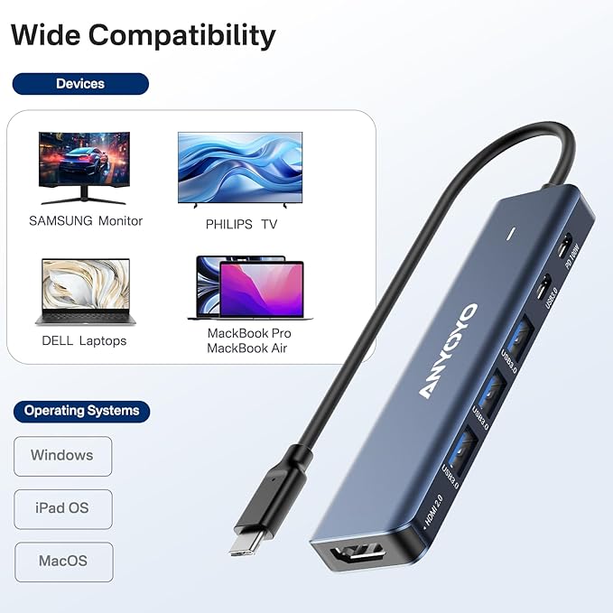 ANYOYO Docking Station,6-in-1 USB C Multiport Adapter with 4K HDMI, 4*USB 5Gbps(3A+1C),100W PD Aluminum USB Hub for MacBook Pro/Air, Other Laptops and Devices （USB-C Does not Support Video Output）