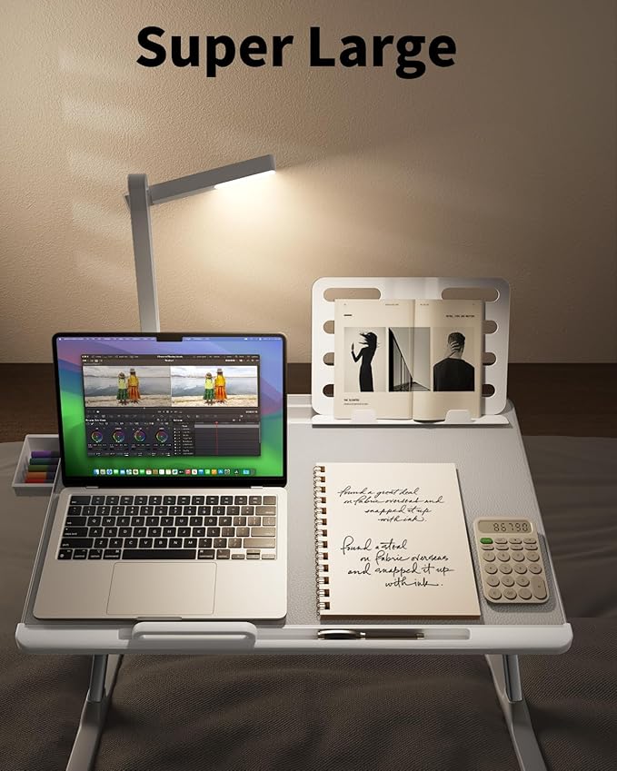 SAIJI Laptop Bed Tray Desk with LED Desk Light, Adjustable Laptop Stand for Bed, XX-Large PVC Leather Foldable Table with Book Stand, Wrist Rest, Extra Leg Room (Grey)