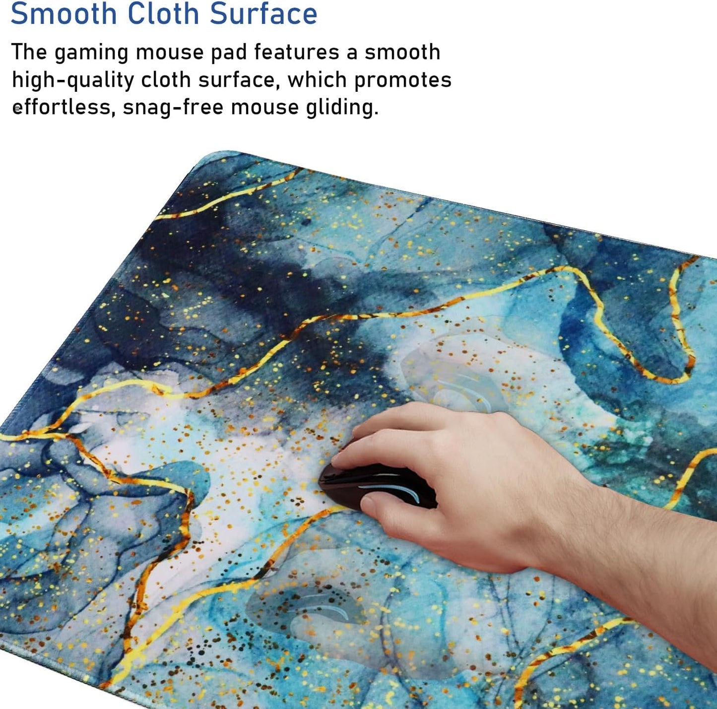 Large Gaming Mouse Pad with Stitched Edges, (31.5X15.7In) Durable Non-Slip Natural Rubber Base, Waterproof Computer Keyboard Pad Mat for Esports Pros/Gamer/Desktop/Office/Home- Marble Blue