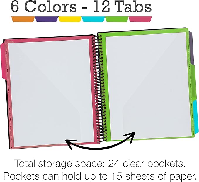 Samsill 2 Pack Deluxe 24 Pocket Spiral Project Organizer with Refillable Notepad, Customizable Front Cover, 12 Dividers with Erasable Write-On Tabs in Fashion Colors, Plastic Folders with Pockets