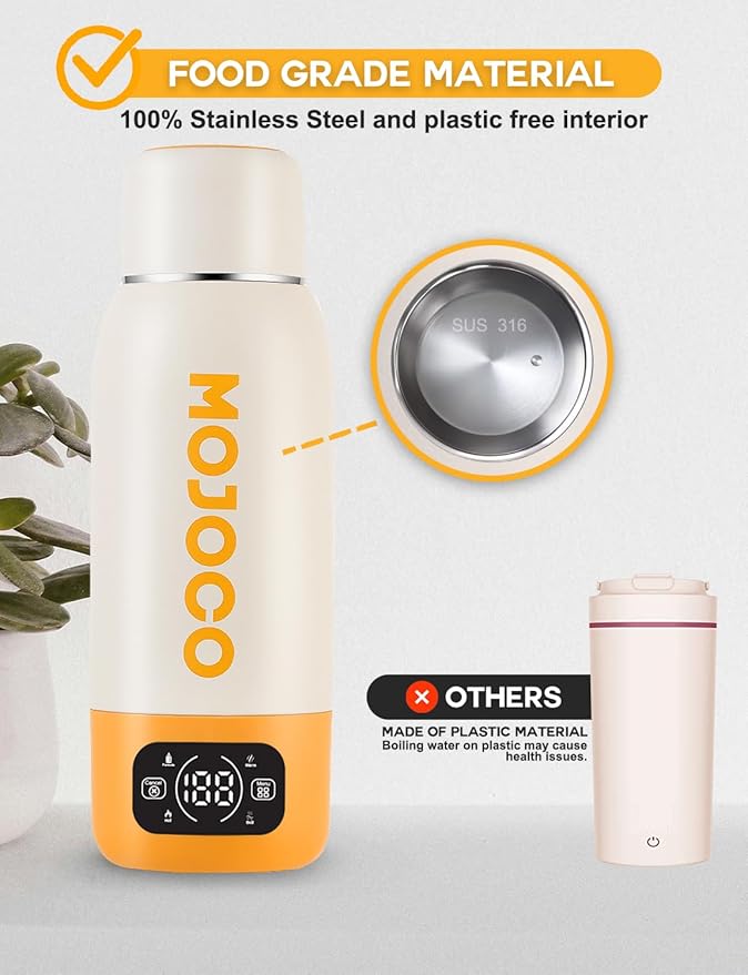 Mojoco Portable Electric Kettle - 20oz Leak Proof Travel Kettle for Coffee, Tea - Vacuum Insulated Stainless Steel Portable Water Boiler - Small Water Heater for RV, Camping