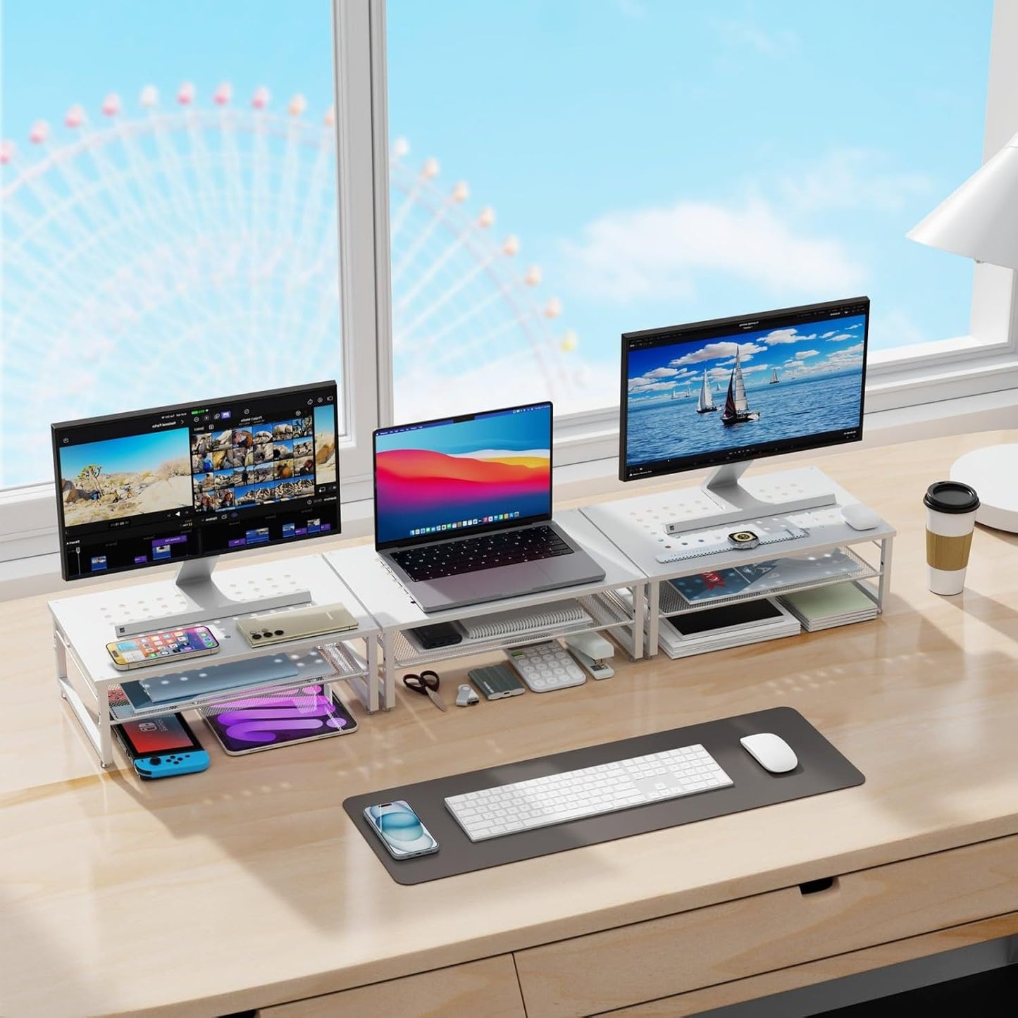 gianotter 2-Tier Metal Monitor Stand Riser, Desk Accessories & Workspace Desk Organizers, Office Desk Storage Organizer for Office Supplies (White)