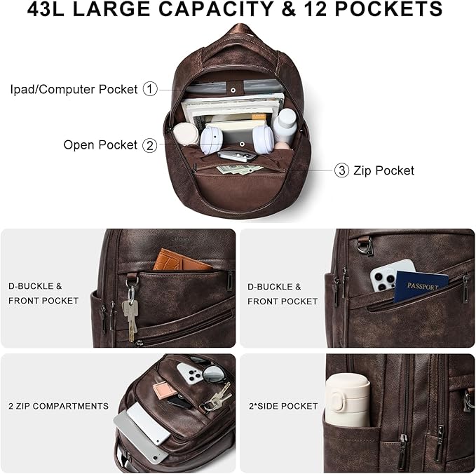 43L Backpack for Women Men - Vegan Leather Backpack Purse Travel Carry-on Bag College Bookbag Work fits 17" Laptop, Coffee