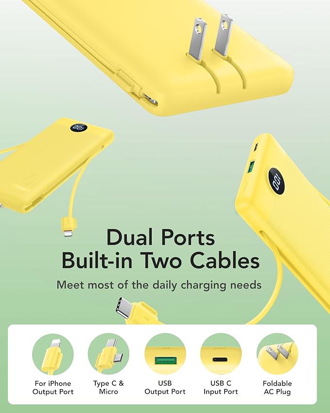 VRURC Portable Charger with Wall Plug, 10000mAh Slim Portable Charger Built in Cables,PD 20W Fast Charging Power Bank with Cords,USB C Portable Phone Charger Travel Accessories -Yellow(1 Pack)