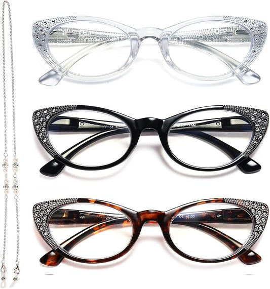 EYEURL Cat Eye Reading Glasses for Women Blue Light Blocking 3 Pack Computer Readers 2.0 with Spring Hinge Eyeglasses Anti Glare UV Rays