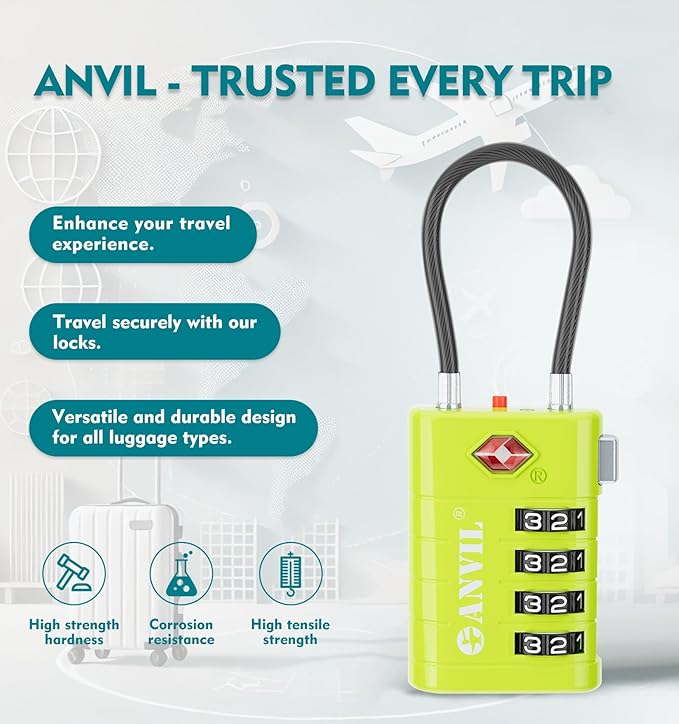 ANVIL 4 Digit Luggage Locks, TSA Locks for Luggage, Advanced TSA008 core, Alert Indicator for Your Travel Lock, Suitcase Lock. (2, Grass Green)