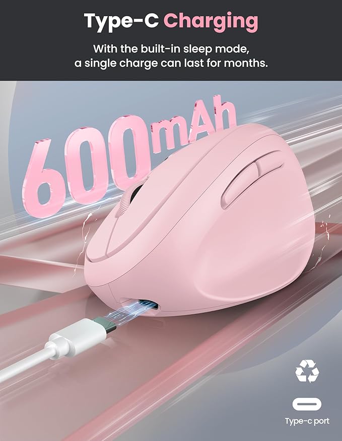 TECKNET Ergonomic Mouse, Bluetooth Wireless Vertical Mouse, Rechargeable Battery, Quiet Clicks, 4800 DPI Adjustable, BT5.0/3.0 & 2.4G Connect, Easy to use, Wide Compatibility - Pink