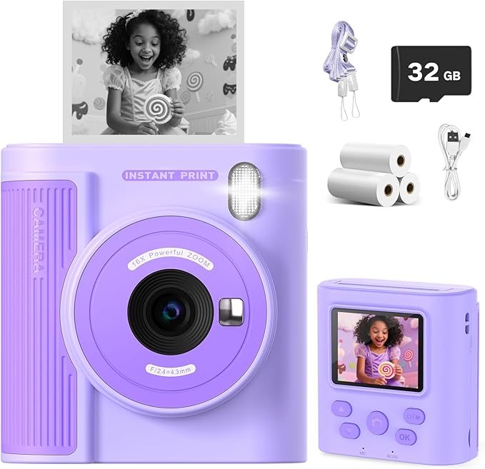 Upgrade Kids Camera Instant Print for Ages 3-12, Portable Instant Print Camera with HD Digital Video, Perfect Christmas Birthday Gift for Boys & Girls, Includes 32GB SD Card - Purple