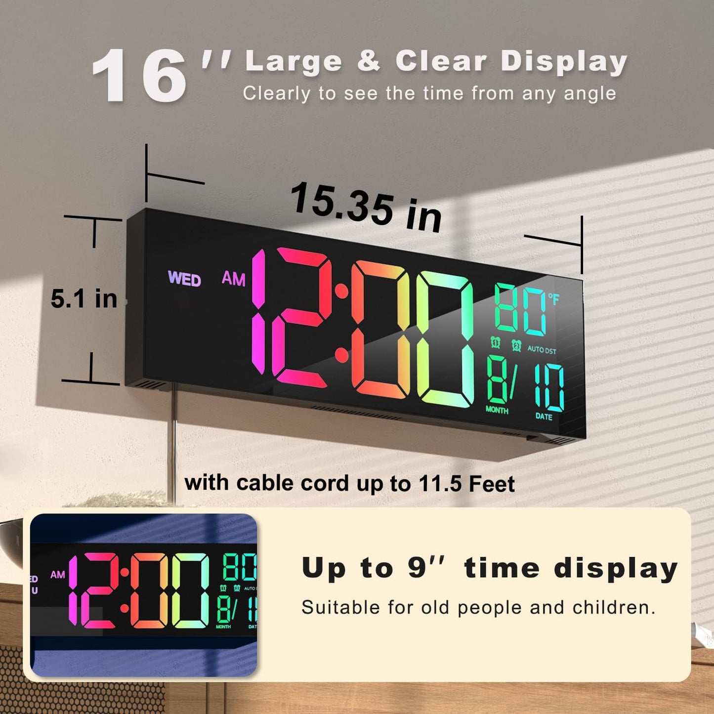 JALL 16" Large Digital Wall Mount Clock, Count Down Timer, Alarm, Big LED, 8 RGB Color, DST, Temperature for Living Room Classroom Desk, Xmas, Birthday Gift for Senior Mom Dad (Black, 16 inches)