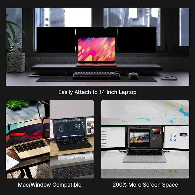 14" Pro Triple Laptop Glass Screen Extender, Dual 14" 2k Portable Monitors, 144Hz, 100% DCI-P3, 500 Nits, Aluminum Finish for 14" MacBook Pro & Windows, for Gaming, Creators, & Professional