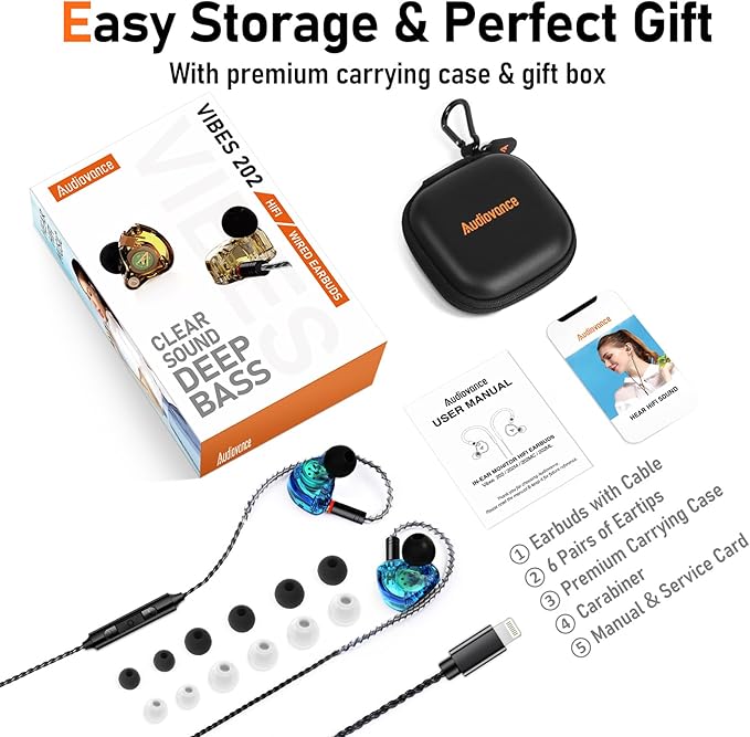 Vibes 202ML Wired Earbuds - HiFi in Ear Headphones for iPhone 5–14, Noise-Isolating Ear Buds w/ Mic - Clear Sound, Deep Bass, Comfort-Fit Earphones - MMCX–Lightning, Silver Plated Cord, Carrying Case