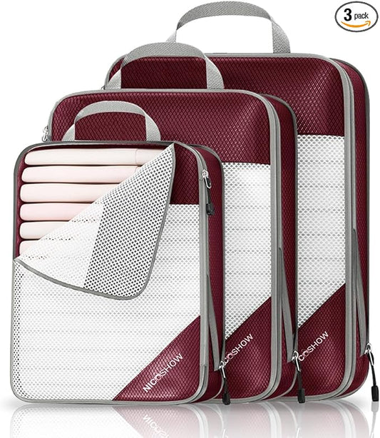 3 Set Compression Packing Cubes for Travel - Compressible, Lightweight, and Space-Saving Packing Cubes, Travel Essentials for Women, Wine