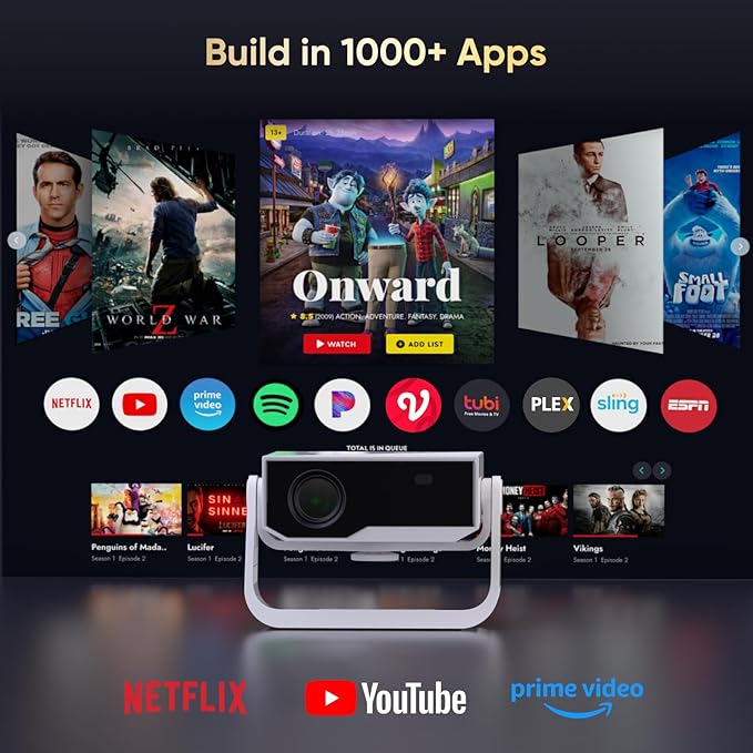 Projector with WiFi and Bluetooth, 1000+ Apps Installed, Electronic Focus & Auto Keystone, Low Fan Noise, Zoom, Native 1080P 4K Support Portable Mini Video Projector Outdoor Indoor