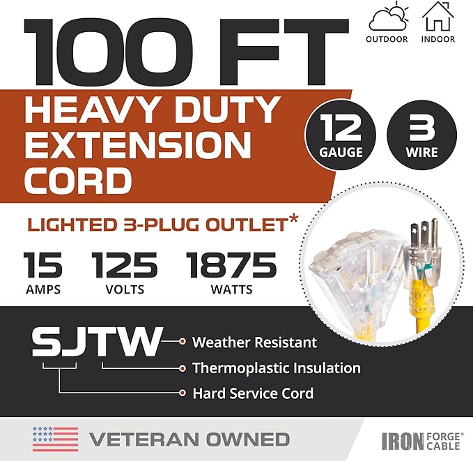 Iron Forge Cable 100ft Outdoor Extension Cord, Lighted with 3 Electrical Power Outlets - 12/3 Gauge SJTW Heavy Duty Extension Cable, Yellow, 15 AMP - 3 Pronged with Grounded Plug for Improved Safety
