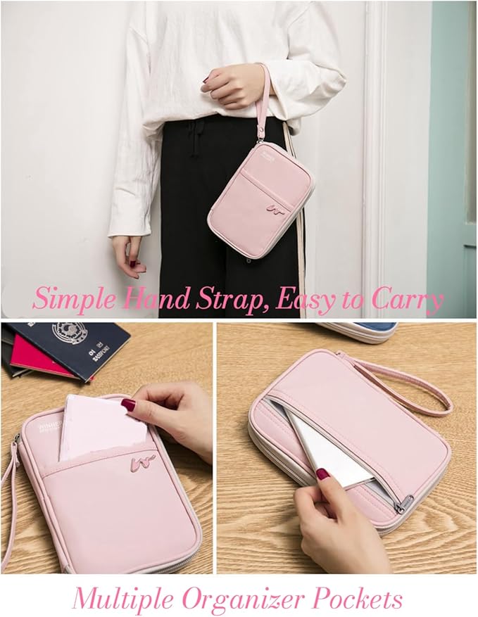 P-H1 Travel Family Passport Holder RFID Blocking Passport Waterproof Wallets for Men Women Travel Document Organizer Cards Case, Lightweight Portable Passport Cover with Zipper Pocket (Pink)
