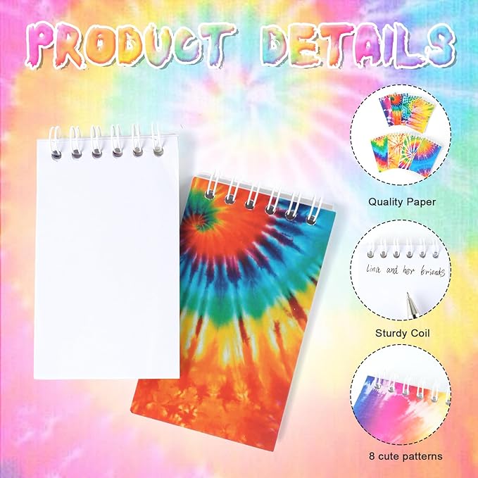 OZIO 24PCS Mini Tie Dye Notepads Tie Dye Party Favors Art Party Spiral Pocket Notebooks Fun Coil Mini Notepads for Kids Teacher Classroom Supplies Bag Fillers Birthday Party Favors, 8 Style (24)