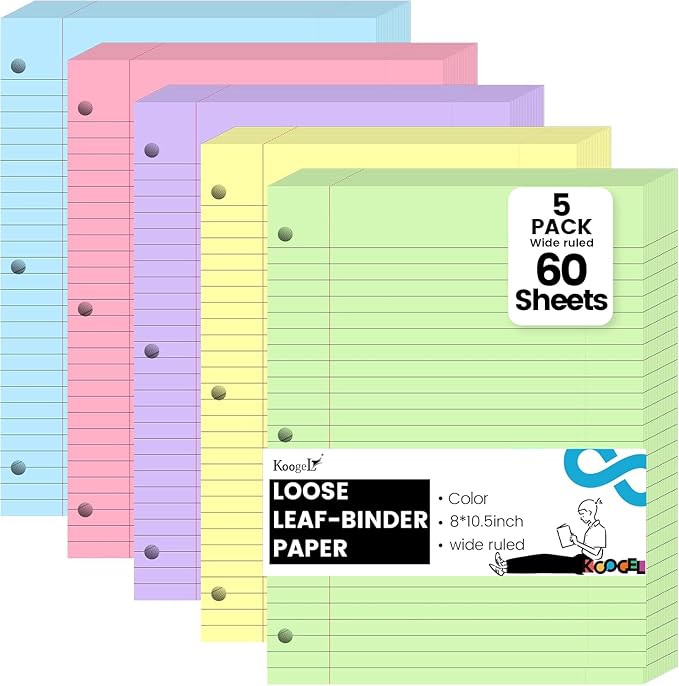 Koogel Wide Ruled Loose Leaf Paper, 8 x 10.5 Inch Filler Notebook Lined Paper, 5 Color, 3 Hole Punch Lined Writing Notebook for 3 Ring Binders for College Essentials School Office Supplies, 300 Sheets