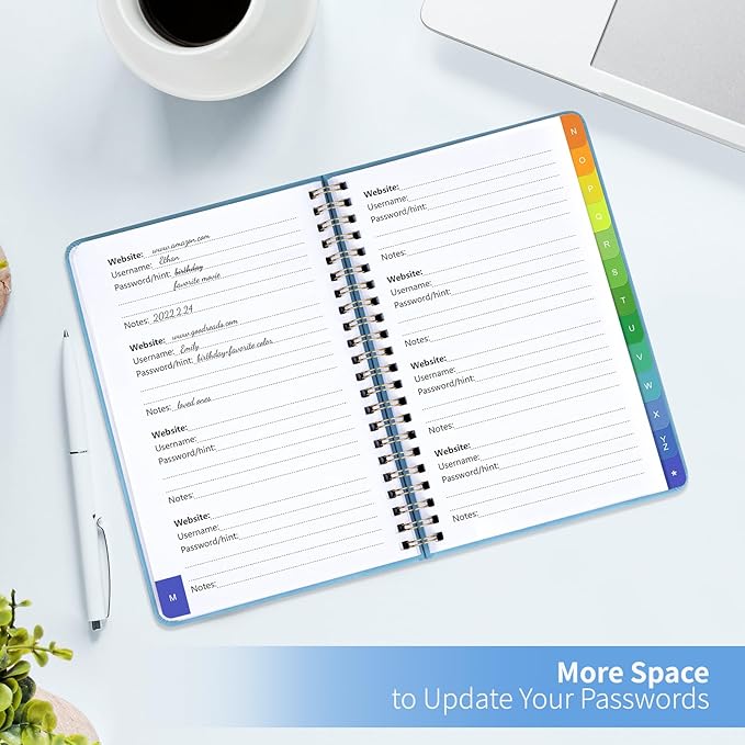 Password Book with Alphabetical Tabs, Password Keeper Book for Seniors, Individual & Colorful Tabs, Spiral Hardcover Password Notebook for Website Logins, 5.7" x 7.7", Blue