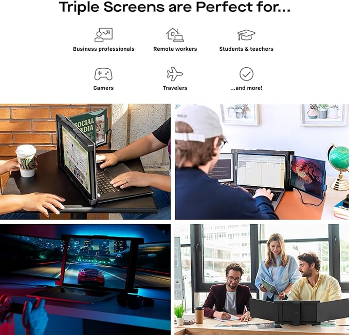 New Mobile Pixels Trio Max Portable Monitor, 14.1" Triple Monitors for 15''-17.3'' Laptops (Built-in Kickstand), USB A/Type-C FHD Laptop Screen Monitor(Optional Magnets), Windows/Android/macOS/Switch