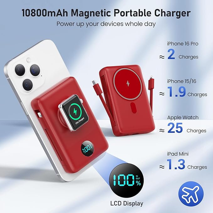 Magnetic Portable Charger for iPhone with Built-in Cables, 6-in-1 10800mAh Power Bank with iWatch Charger & LCD Display,25W Fast Charging Battery Pack for iPhone 16/15/14/13/12,Apple Watch (Red)