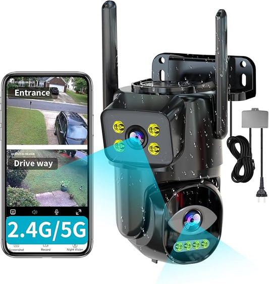 Dual Lens WiFi Security Camera Outdoor, 2.4G/5G PTZ Outdoor Plug-in Camera Auto Tracking,Home Security Surveillance System,WiFi,Night Vision,7/24 Recording