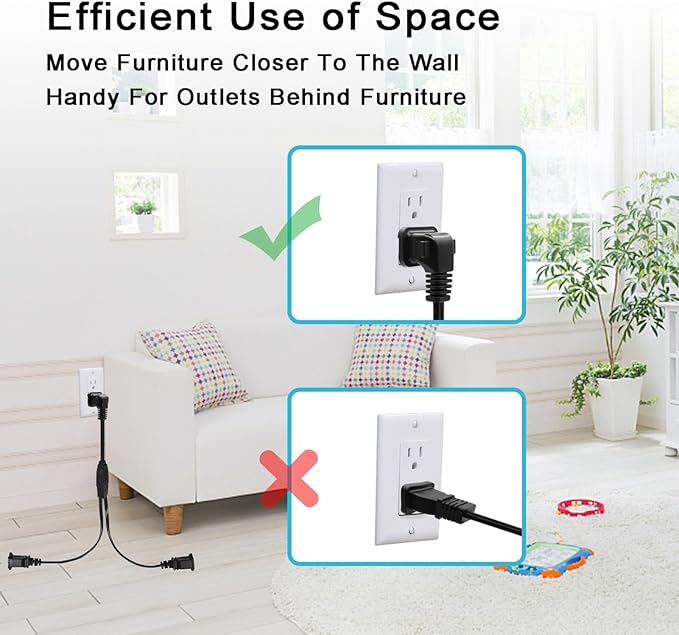 Extension Cord Splitter,1.64FT Short Extension Cord,2 Prong Flat Plug,Power Y-Splitter Cable Right Angled Polarized Plug for Christmas Lights,Home Decor,Office,Black