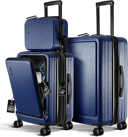 Luggage Sets 3 Piece, 22 Inch Carry on Luggage and 24 Inch Suitcases with Wheels Spinner, Durable Hard Shell Suitcase Set, Expandable Travel Suitcase, Navy
