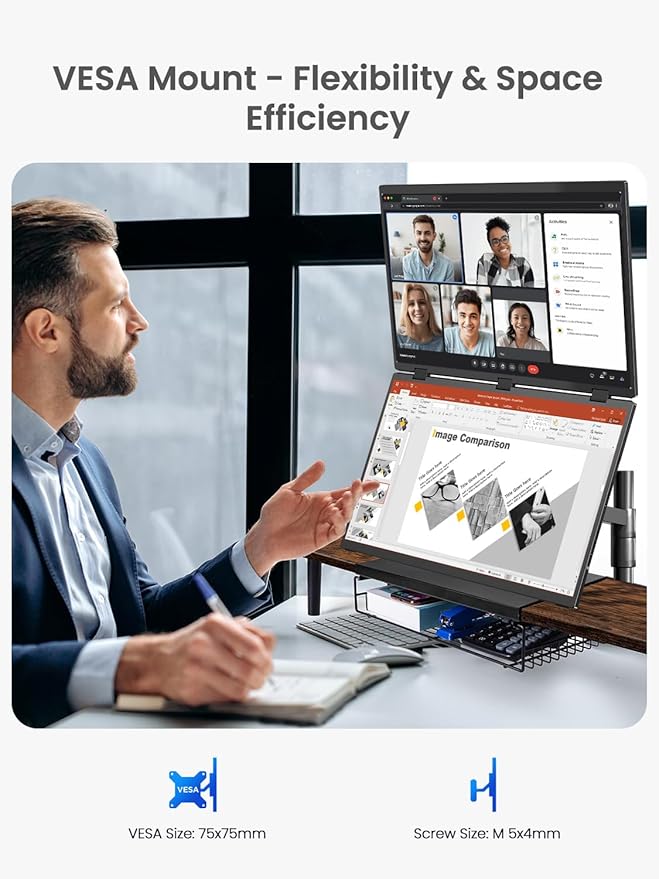 Portable Dual Monitor 18.5" 100Hz FHD 1080P Stacked Monitor, Dual Vertical Displays for Coding/Gaming/Trading, USB-C Mini HDMI Laptop Screen Extender(No Driver Needed)