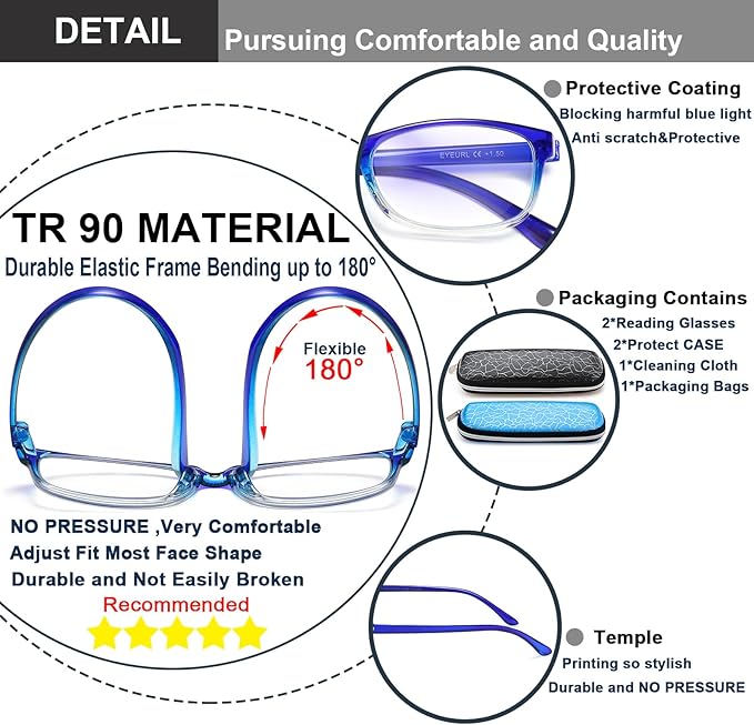 EYEURL 2 Pack Reading Glasses Blue Light Blocking Readers for Women-TR90 Lightweight Computer Reading Glasses Stylish Rectangular Frames Eyeglasses+2.0