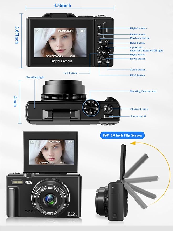 Digital Camera for Photography, WiFi 64MP 4K Vlogging Camera for YouTube, 3" 180° Flip Screen 18X Digital Zoom Compact Vlog Travel Cameras with 32GB TF Card & 2 Batteries, Black