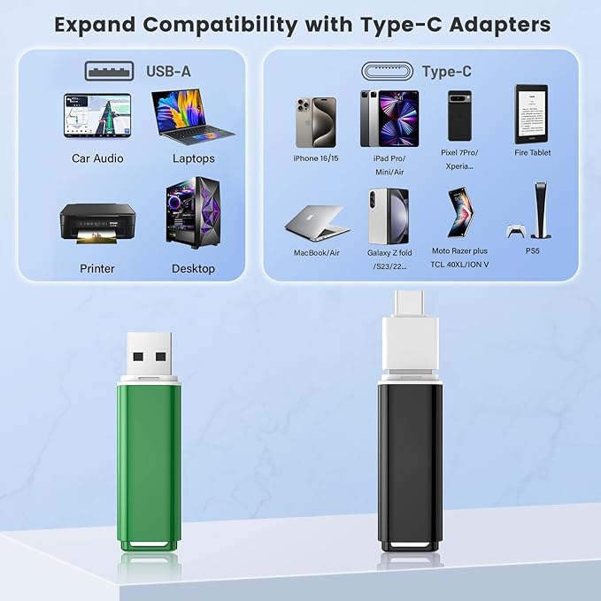 ABLAZE 8GB USB 2.0 Flash Drives 5 Pack with Type C Adaters, Thumb Drives 8GB USB Sticks Memory Sticks Pendrives for PC/Smartphones/Computer