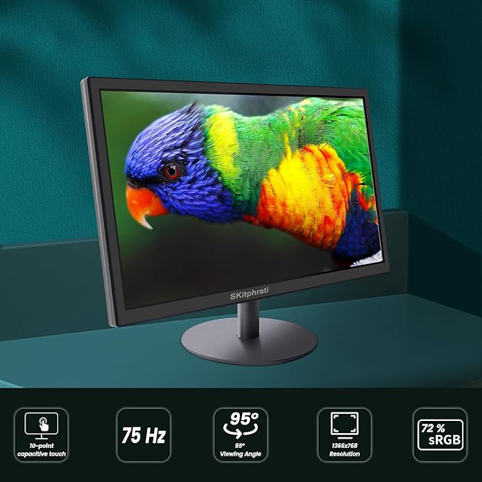 18.5 Inch Touchscreen Monitor HD 1366x768, VESA Wall Mountable, 10-Points Computer Touch Screen PC Display with Type-B HDMI VGA Port, 75Hz Desktop Touch Display, Black