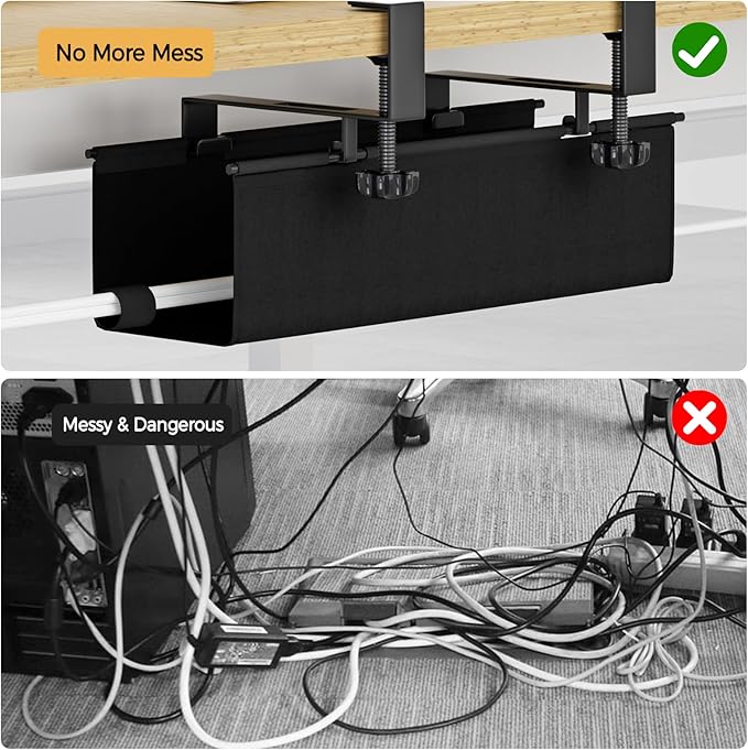 Under Desk Cable Management Tray 15.7" - No Drill Computer Wire Organizer Cable Tray, Fabric Cord Hider Clamp Mount, with 16X Cable Ties PC Cables Management Cord Holder for Office/Home (Black)