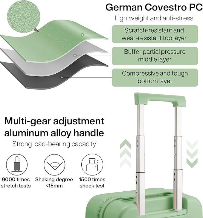 mixi Luggage Suitcase with Spinner Wheels, Hardside Rolling Suitcase PC with Cover & TSA Lock Lightweight Travel Case 22in Checked in, Avocado Green