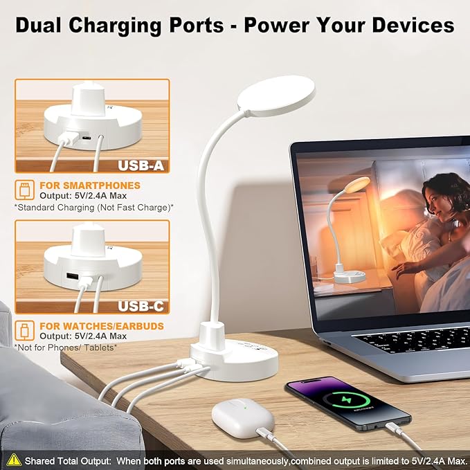 15W LED Desk Lamp with USB Charging Ports – Dimmable Table Lamp with 3 Color Temps, 5 Brightness, 4 Timers, Flexible Gooseneck Light with Base, Eye-Caring Reading Light for Home Office, Bedroom, Study
